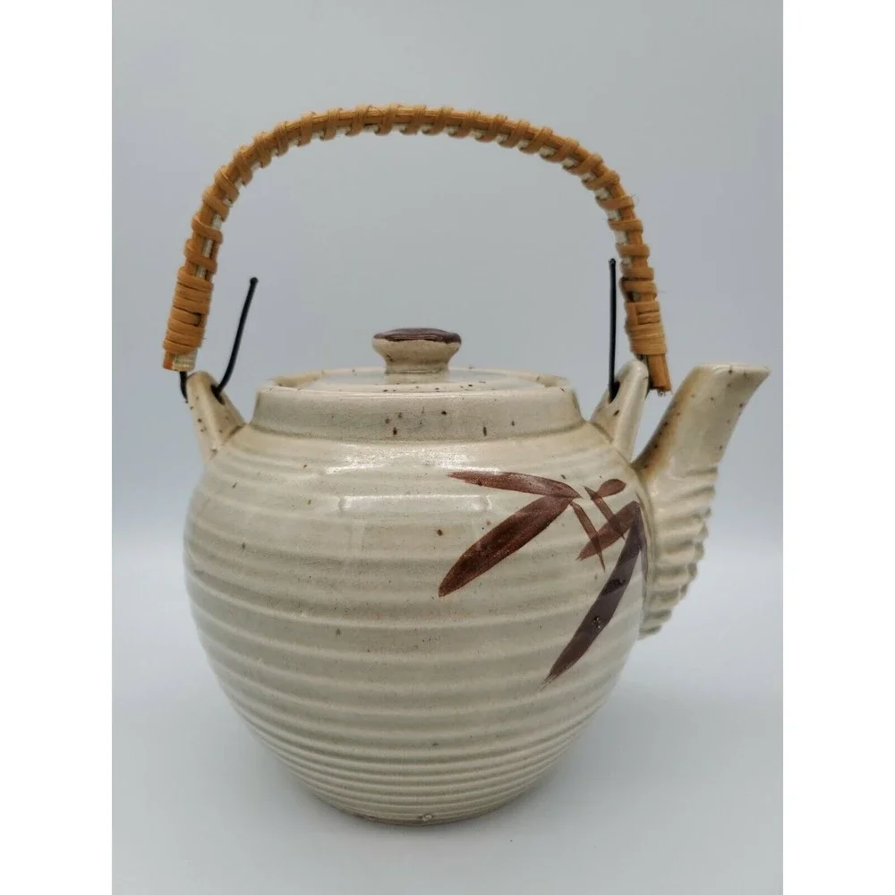 Vintage Japan Ceramic Stoneware Teapot with Wicker Bamboo Handle Asian